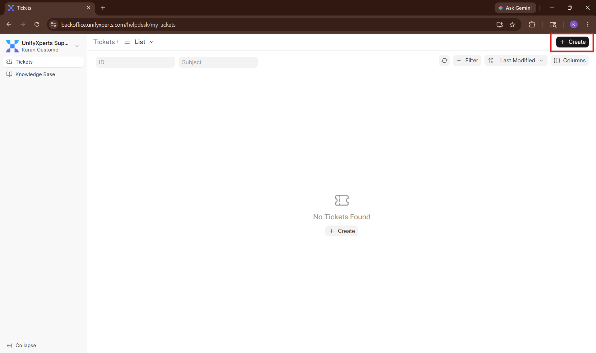 My Tickets screen showing the Create button